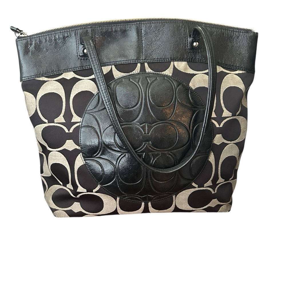 Coach Laura Signature Black Gray Jacquard Large Tote Handbag Purse F18335